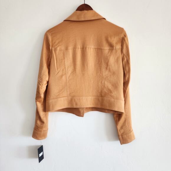 DKNY Carmel Tan Brown Satin Effect Moto Jacket Rose Gold Hardware Size XS - Picture 7 of 8